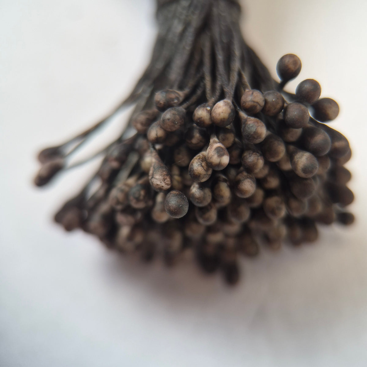 Two-tone dark brown and cream naturalistic flower stamens size L with botanical shapes on dark brown cotton threads, bundle of 144 pieces, premium Japanese floral supplies