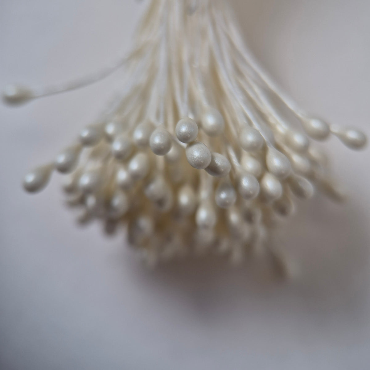 Cream pearl flower stamens size L with glossy finish on cream cotton threads, premium Japanese craft supplies
