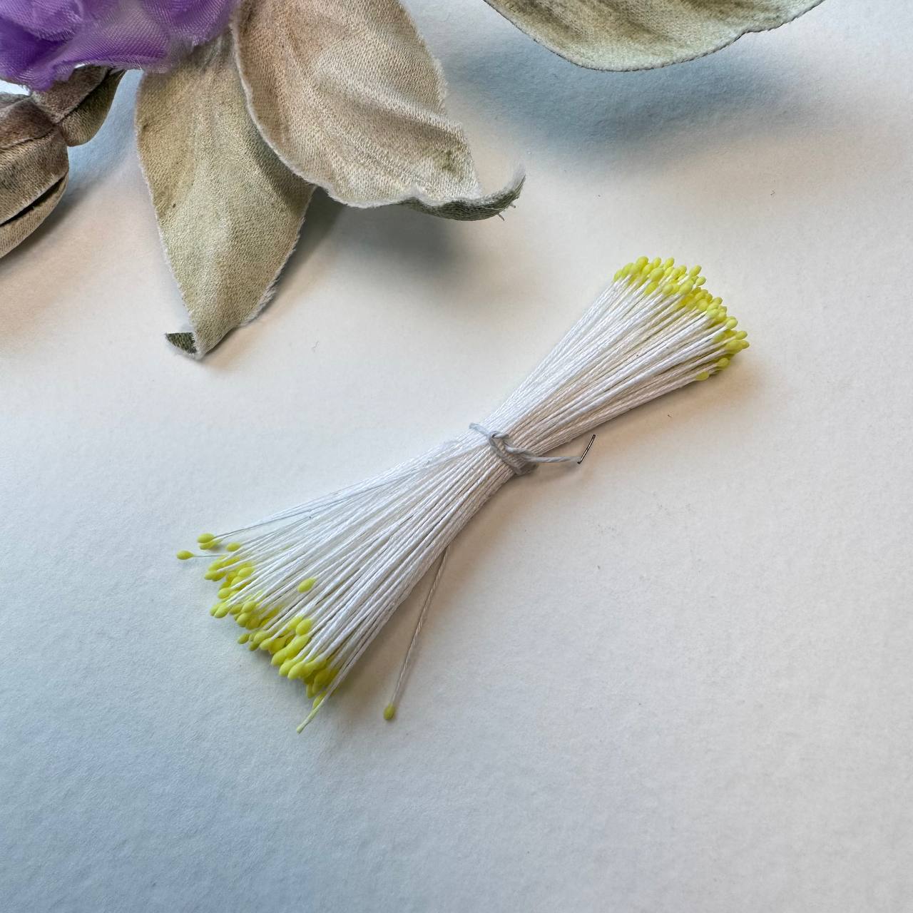 Japanese Miniature Stamen – Size S (Yellow on White Thread) | Tiny Stamens for Silk Floristry & Miniature Flowers
