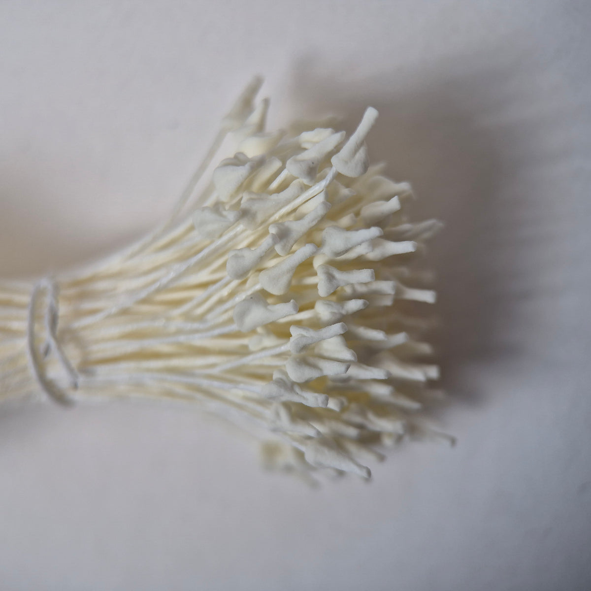 White naturalistic flower stamens size L with botanical shapes on white cotton threads, premium Japanese craft supplies