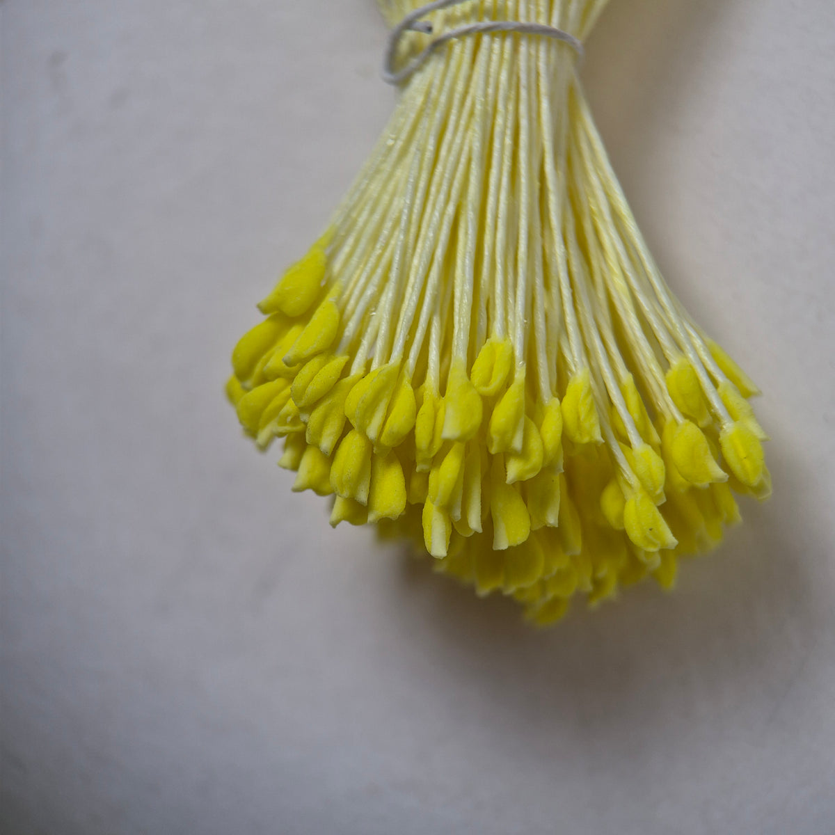 Large yellow naturalistic flower stamens size L with botanical shapes on yellow cotton threads, premium Japanese craft supplies