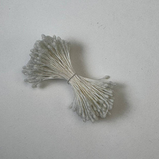 White sugar ball flower stamens size M on white cotton threads, bundle of 120 pieces