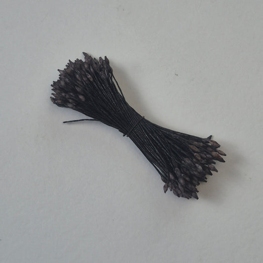 Miniature brown elongated flower stamens size S on matching brown cotton threads, premium Japanese floral supplies