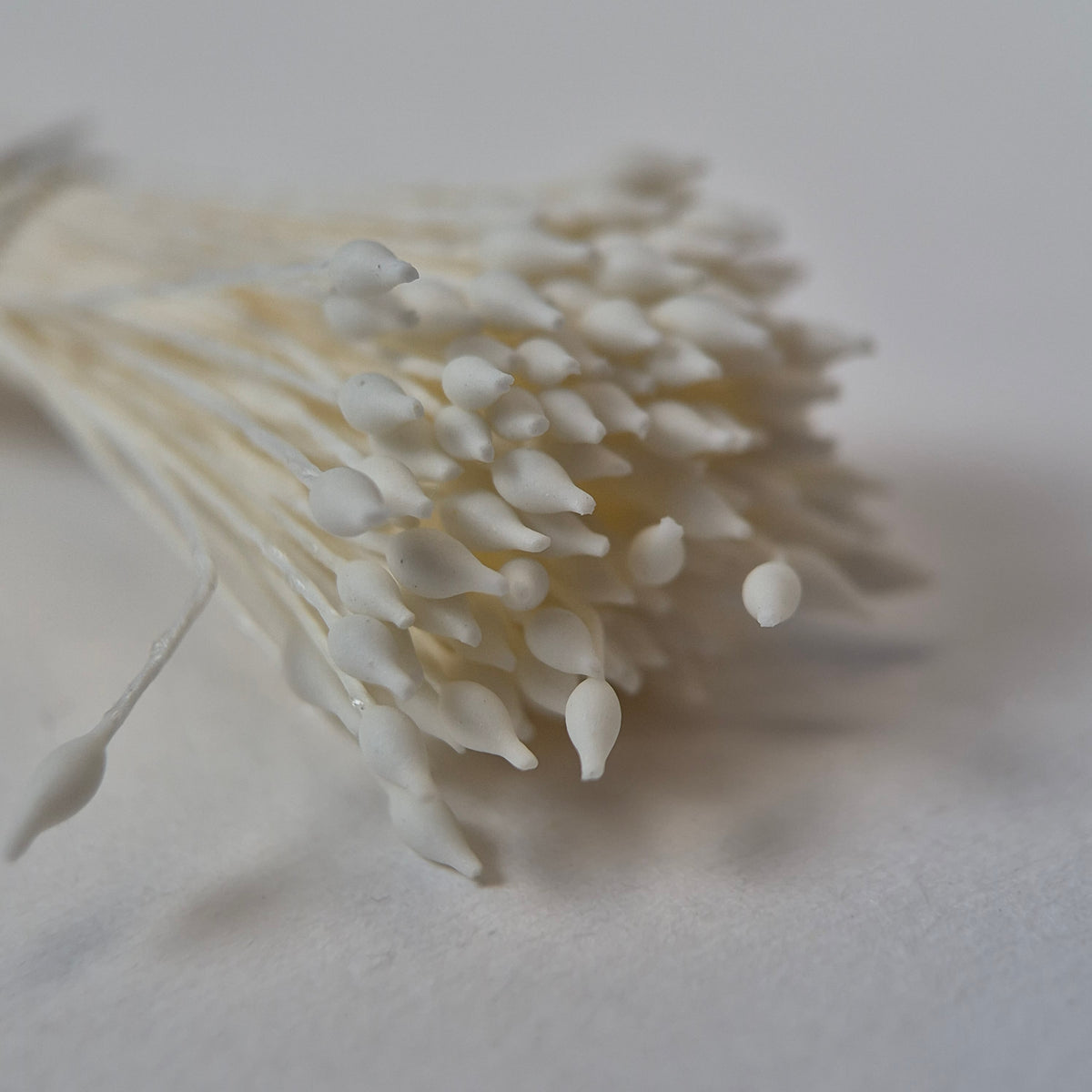 Miniature cream elongated flower stamens size S on matching cream cotton threads, premium Japanese floral supplies