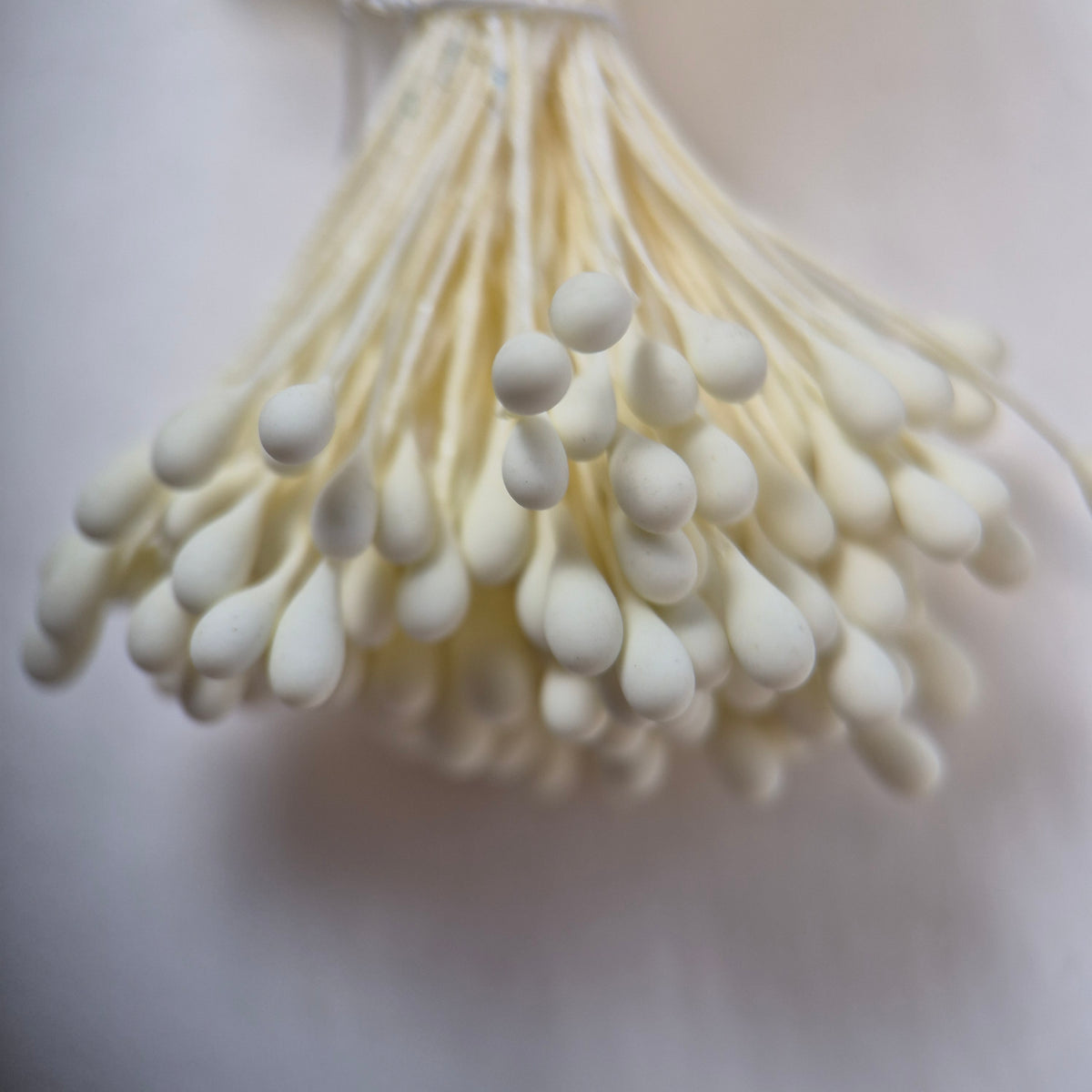 Cream pearl flower stamens size L with glossy finish on cream cotton threads, premium Japanese craft supplies