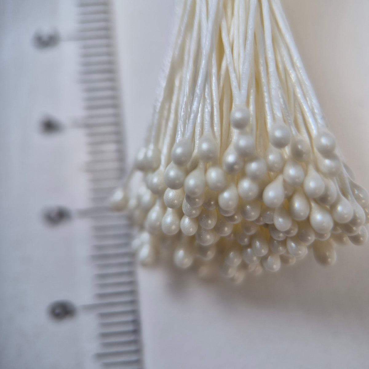 Cream pearl flower stamens size L with glossy finish on cream cotton threads, premium Japanese craft supplies