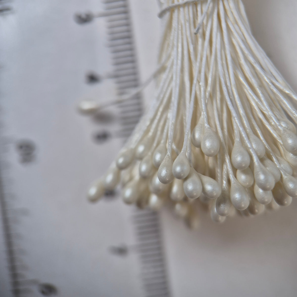 Cream pearl flower stamens size L with glossy finish on cream cotton threads, premium Japanese craft supplies