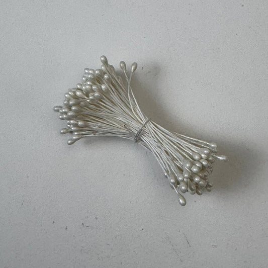 Cream pearl flower stamens size L with glossy finish on cream cotton threads, premium Japanese craft supplies
