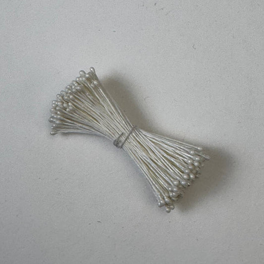Cream pearly round ball flower stamens size M with glossy luster on matching cream cotton threads, premium Japanese craft supplies
