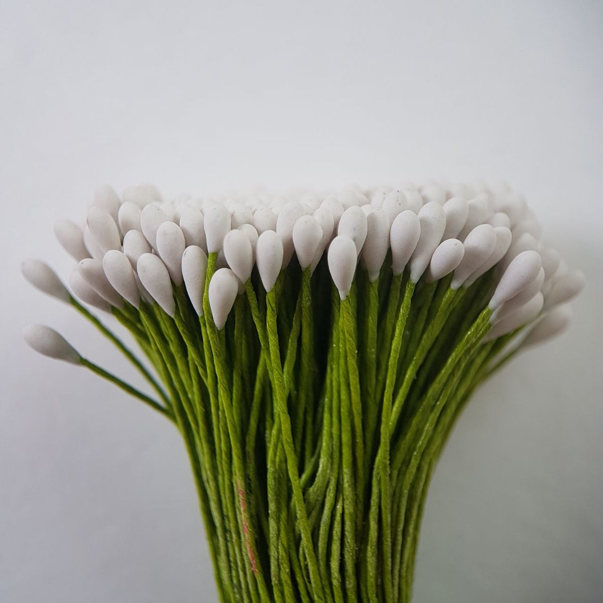 A bundle of 144 single-sided white round decorative Japanese flower stamens on flexible 8cm green wire stems