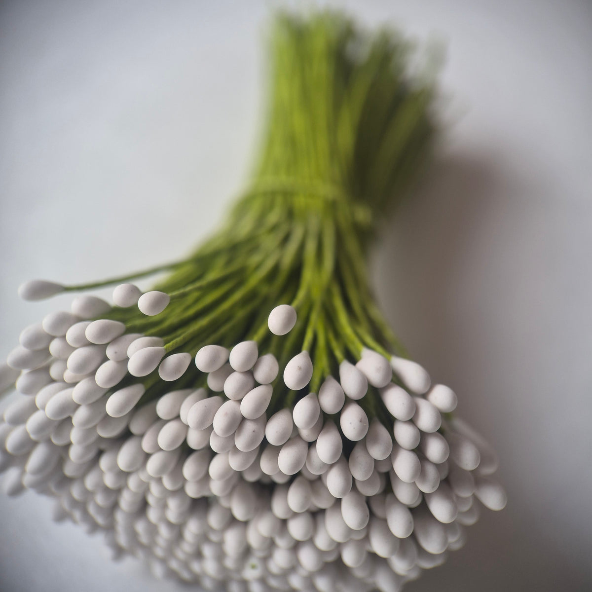 A bundle of 144 single-sided white round decorative Japanese flower stamens on flexible 8cm green wire stems