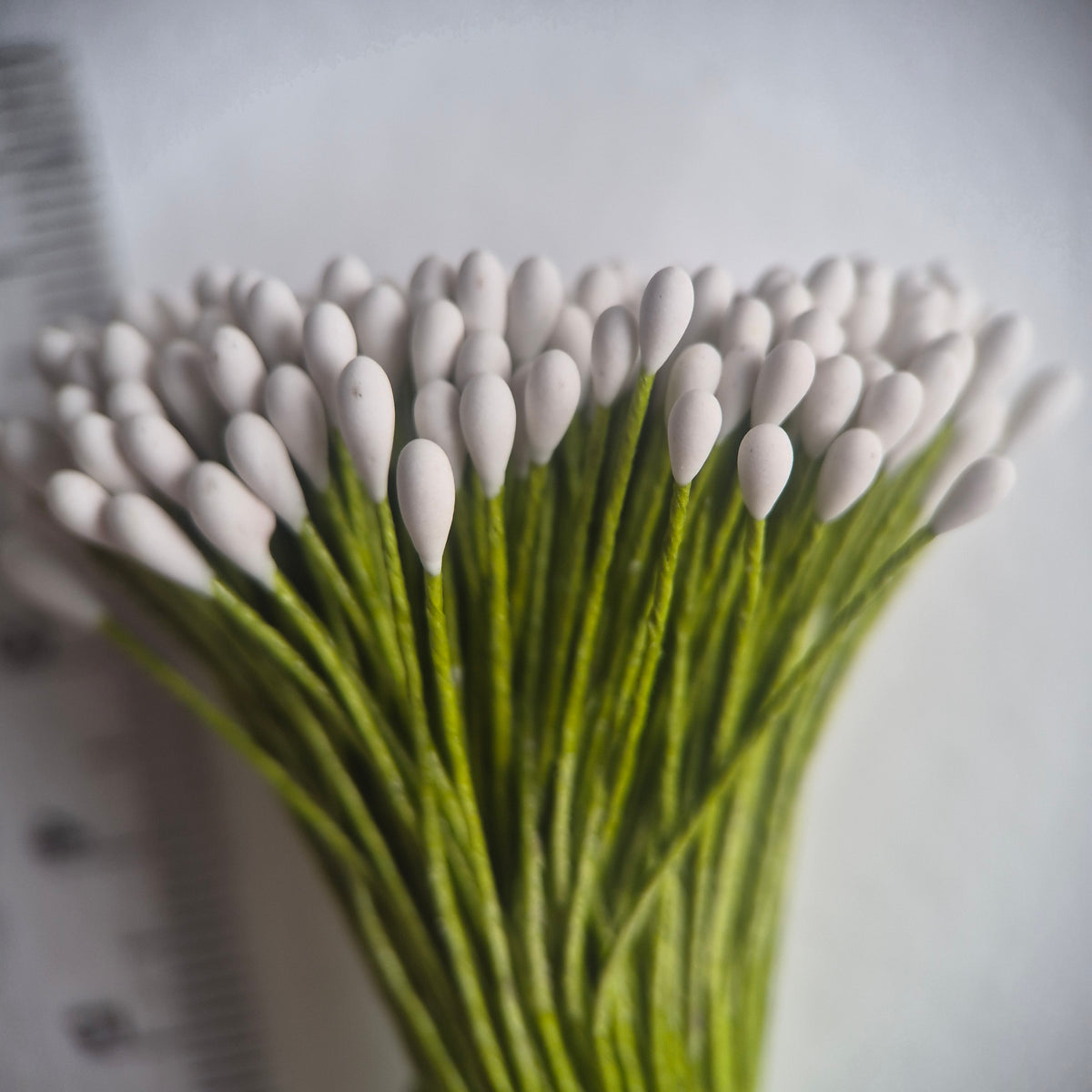 A bundle of 144 single-sided white round decorative Japanese flower stamens on flexible 8cm green wire stems