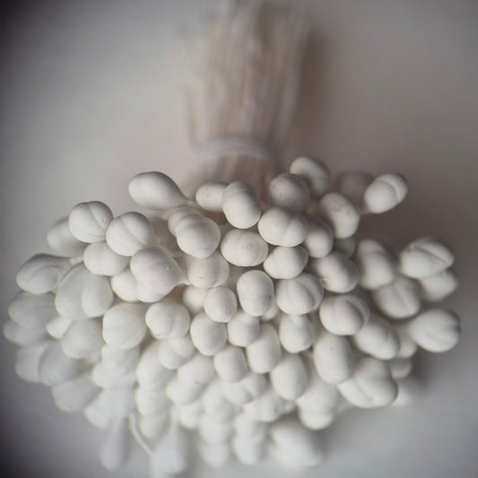 A bundle of 144 single-sided white decorative Japanese flower stamens/buds on high-quality white threads, featuring smooth droplet-shaped heads