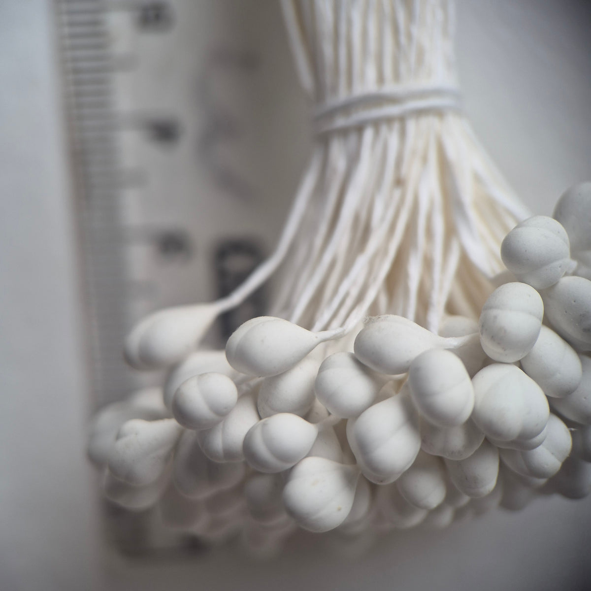 A bundle of 144 single-sided white decorative Japanese flower stamens/buds on high-quality white threads, featuring smooth droplet-shaped heads
