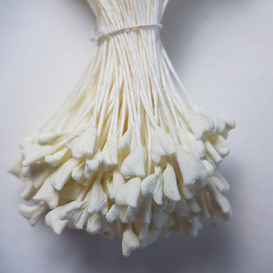 A bundle of extra-large size XL naturalistic Japanese flower stamens, featuring elegant cream droplet-shaped heads on matching cream rayon threads