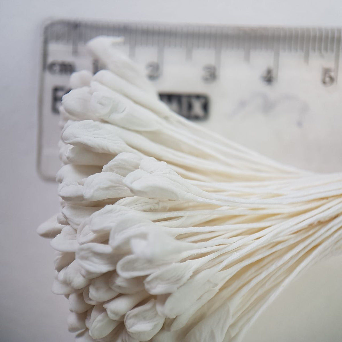 A bundle of 144 single-sided extra-large size XL white decorative Japanese flower stamens for lilies and tulips on matching white threads, featuring large handmade elongated heads measured against a ruler