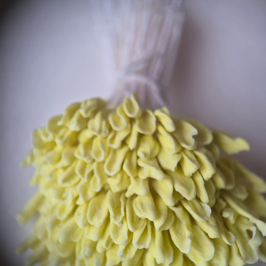 A bundle of 144 single-sided extra-large size XL yellow decorative Japanese flower stamens for lilies and tulips on white threads, featuring large handmade elongated heads measured against a ruler