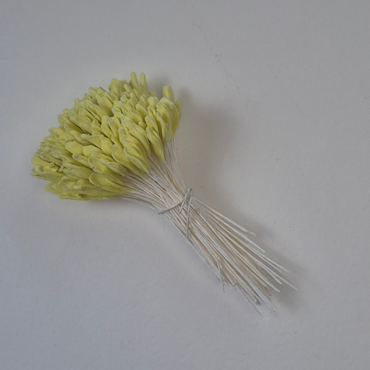 A bundle of 144 single-sided extra-large size XL yellow decorative Japanese flower stamens for lilies and tulips on white threads, featuring large handmade elongated heads measured against a ruler