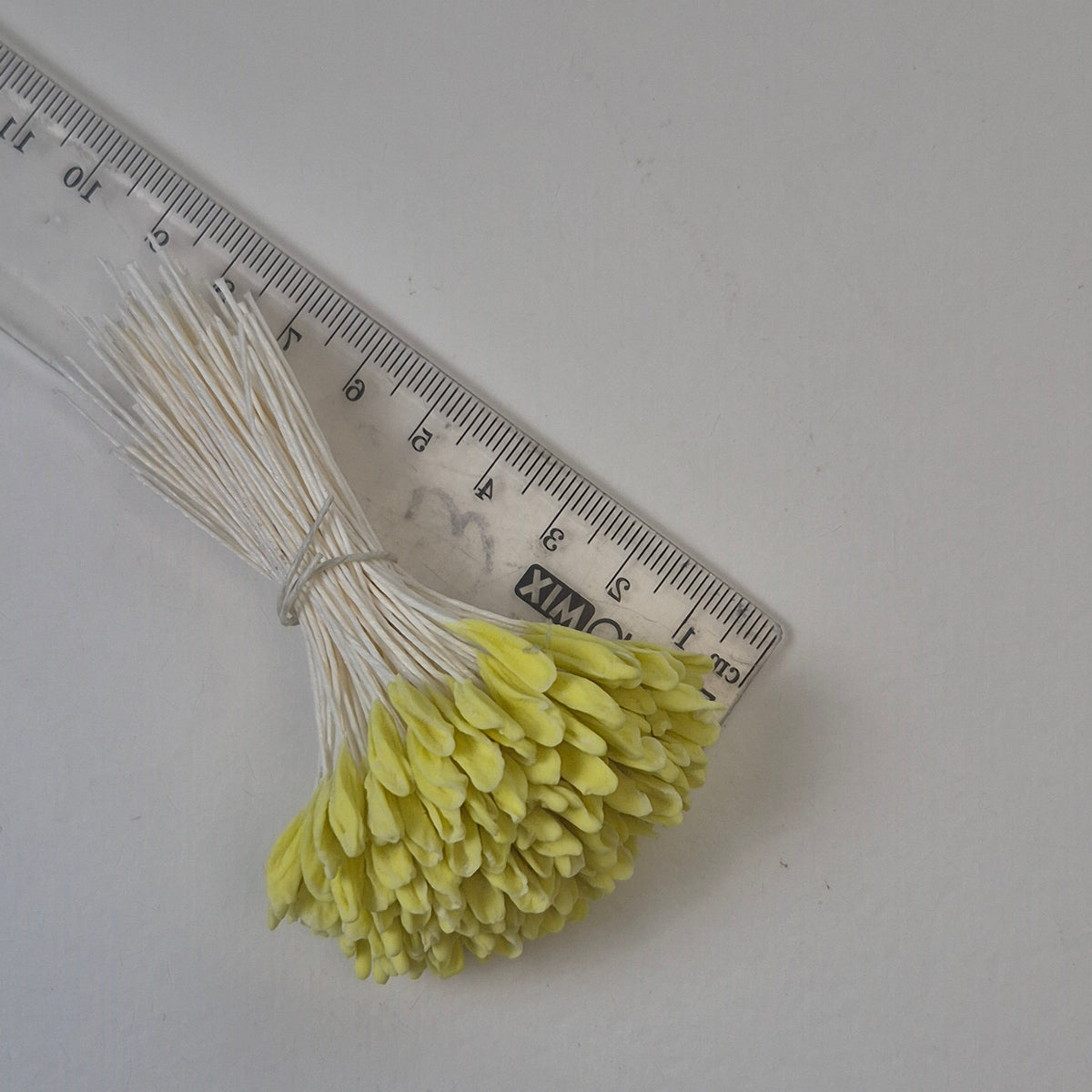 A bundle of 144 single-sided extra-large size XL yellow decorative Japanese flower stamens for lilies and tulips on white threads, featuring large handmade elongated heads measured against a ruler