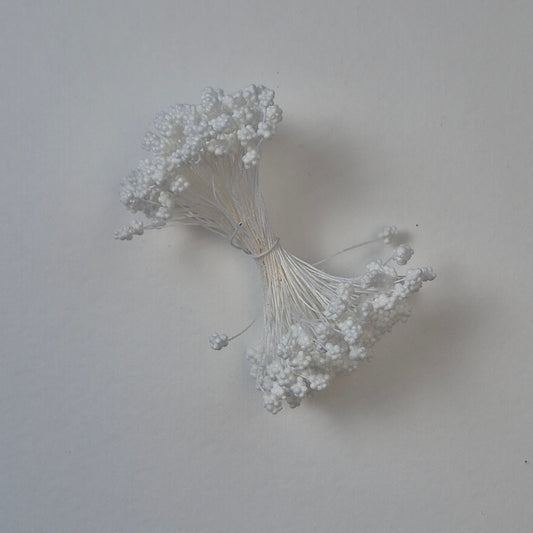A bundle of size L Japanese flower stamens, featuring pure white textured gypsophila-shaped cluster heads on matching white cotton threads