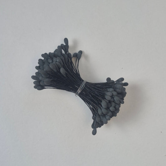 A bundle of extra-large size XL Japanese flower stamens made of rice flour and black rayon threads, featuring deep matte black droplet-shaped heads arranged next to a transparent ruler