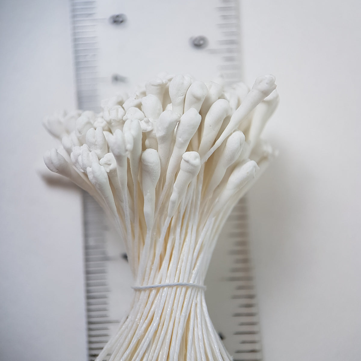 A bundle of extra-large size XL naturalistic Japanese flower stamens made of white rice flour and rayon threads, arranged next to a transparent ruler