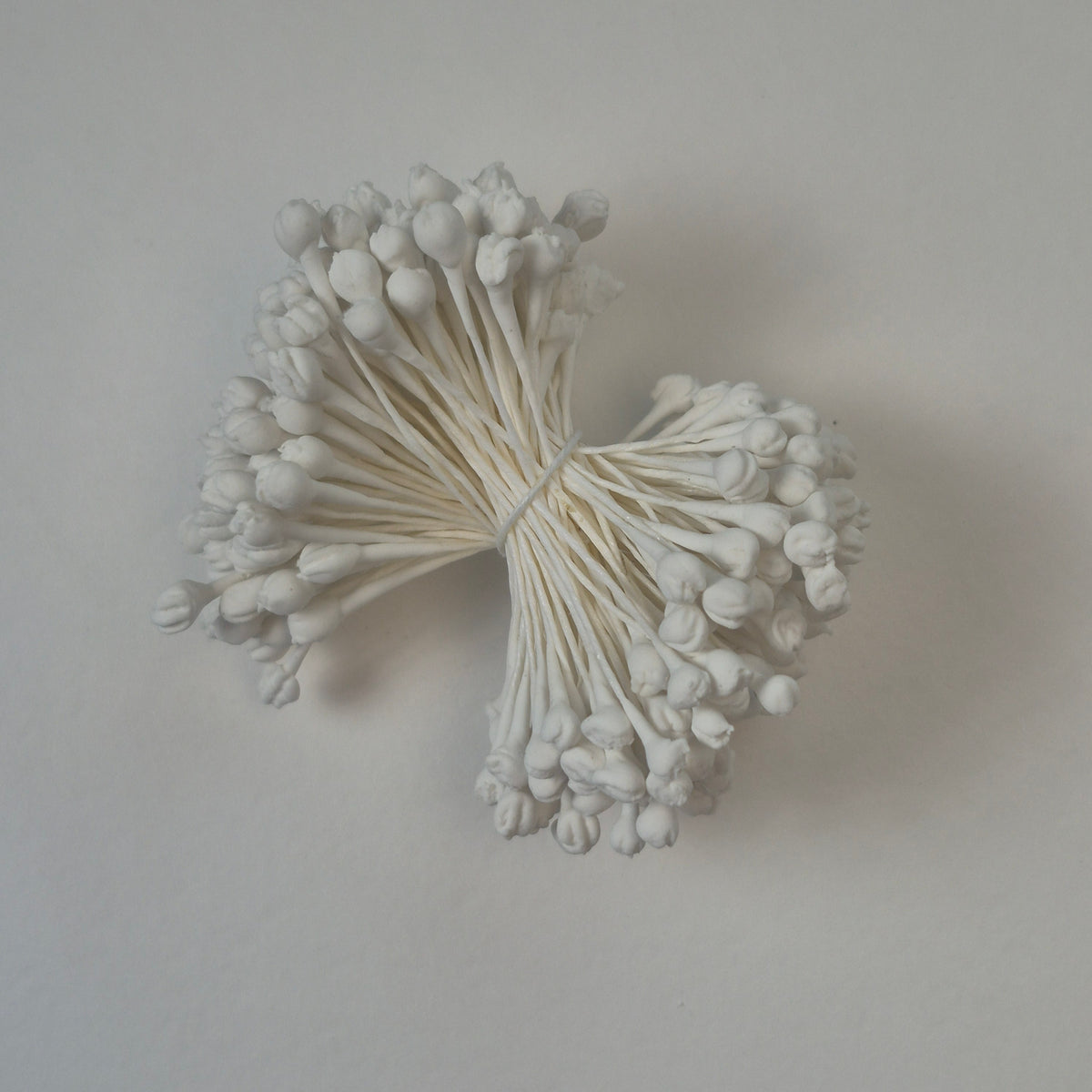 A bundle of extra-large size XL naturalistic Japanese flower stamens made of white rice flour and rayon threads, arranged next to a transparent ruler