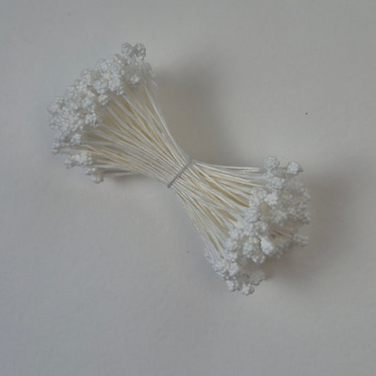 A bundle of extra-large size XL Japanese flower stamens made of rice flour and white rayon threads, featuring pure white textured gypsophila-shaped cluster heads next to a ruler