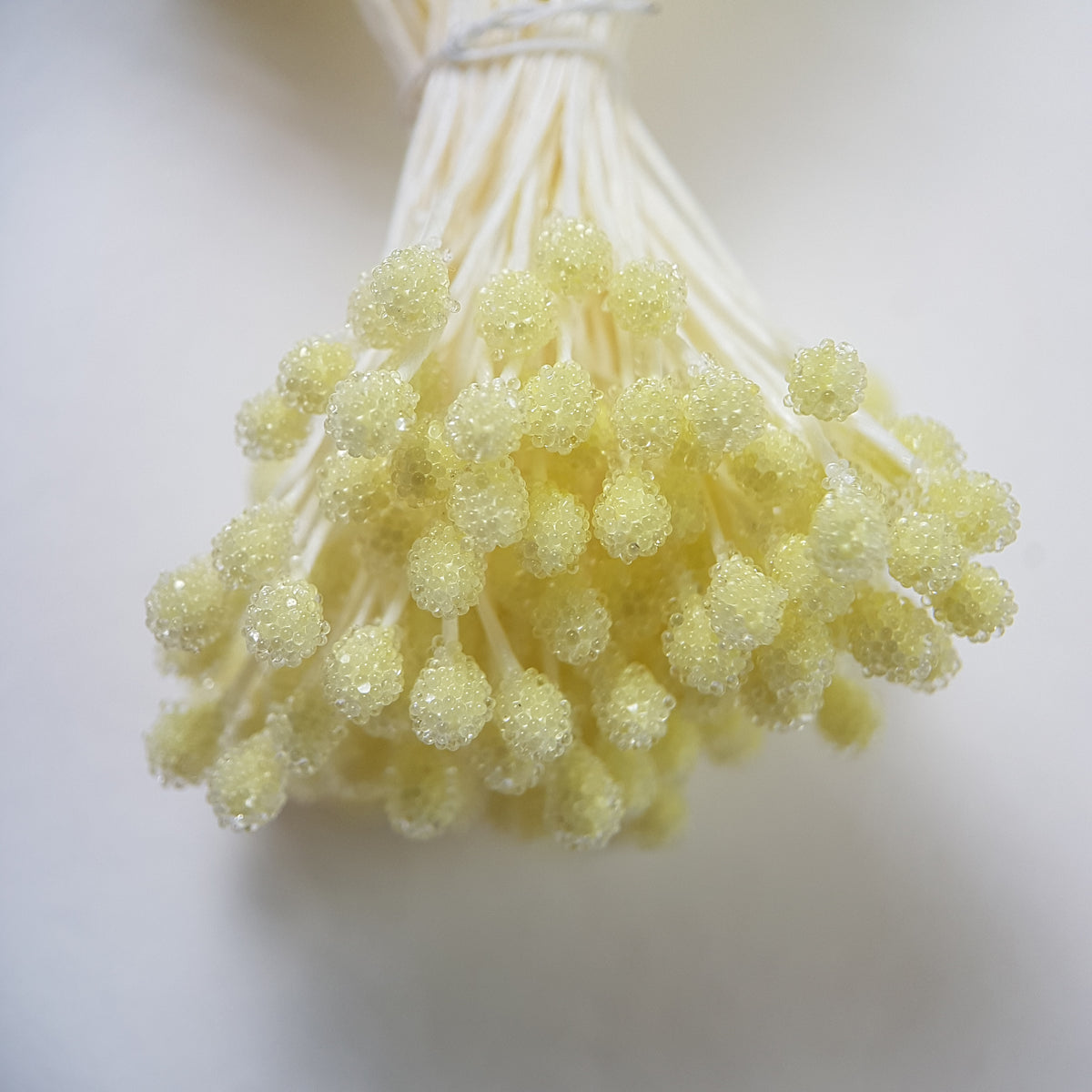 A bundle of size XL Japanese lemon sugar ball flower stamens made of rice flour and cream rayon threads, featuring 5mm frosted round heads