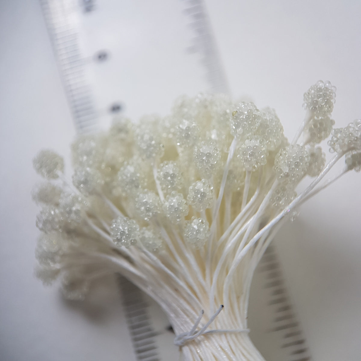 A bundle of size XL Japanese white sugar ball flower stamens made of rice flour and white rayon threads, featuring 5mm frosted round heads