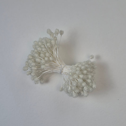 A bundle of size XL Japanese white sugar ball flower stamens made of rice flour and white rayon threads, featuring 5mm frosted round heads
