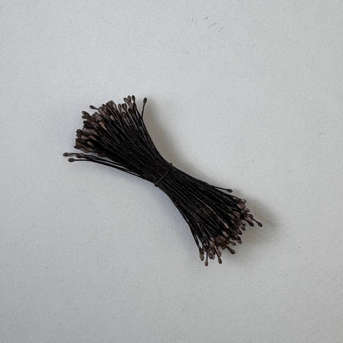 Small bundle of brown round flower stamens on brown cotton thread for silk floristry