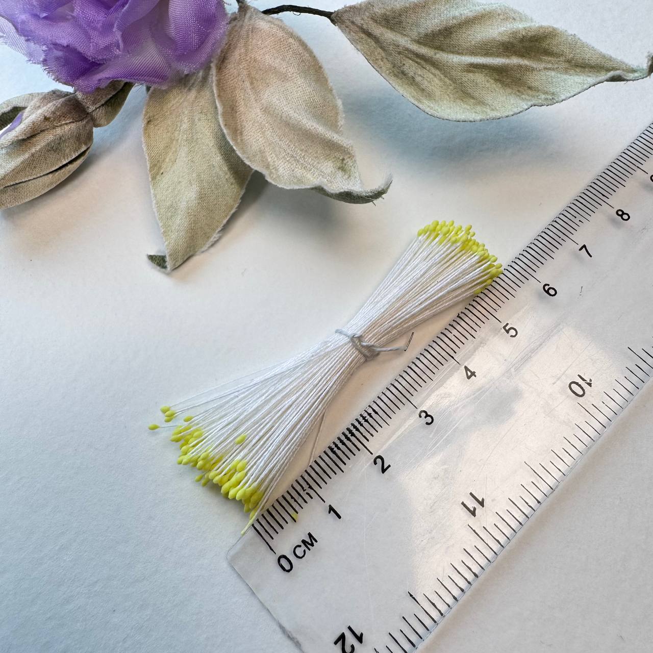 Japanese Miniature Stamen – Size S (Yellow on White Thread) | Tiny Stamens for Silk Floristry & Miniature Flowers
