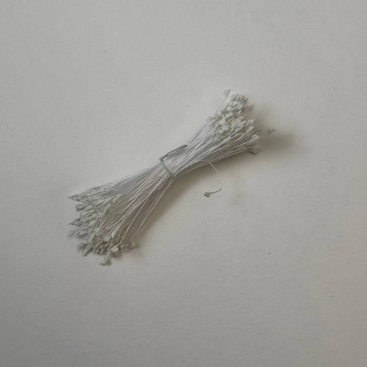 Miniature white naturalistic flower stamens size S with botanical shapes on white cotton threads, premium Japanese craft supplies