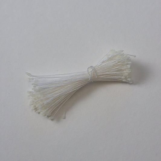Miniature white sugar ball flower stamens size S on white cotton threads, bundle of 120 pieces